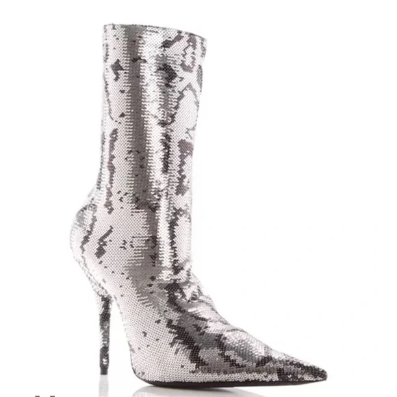 Balenciaga Knife Sequin High Heel Sock Booties Silver Women’s EU 37/US 7 - Picture 1 of 9